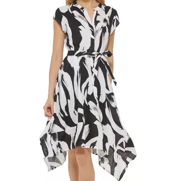 DKNY PURE PRINTED CAP—SLEEVE ASYMMETRICAL SHIRT DRESS WOMEN SIZE 10